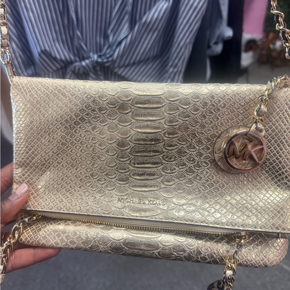 Michael Kors Metallic Gold Snake Print Crossbody Bag